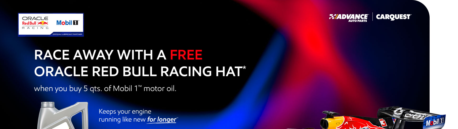 Race away with a free oracle red bull racing hat when you buy 5 qts. of Mobil 1 motor oil.